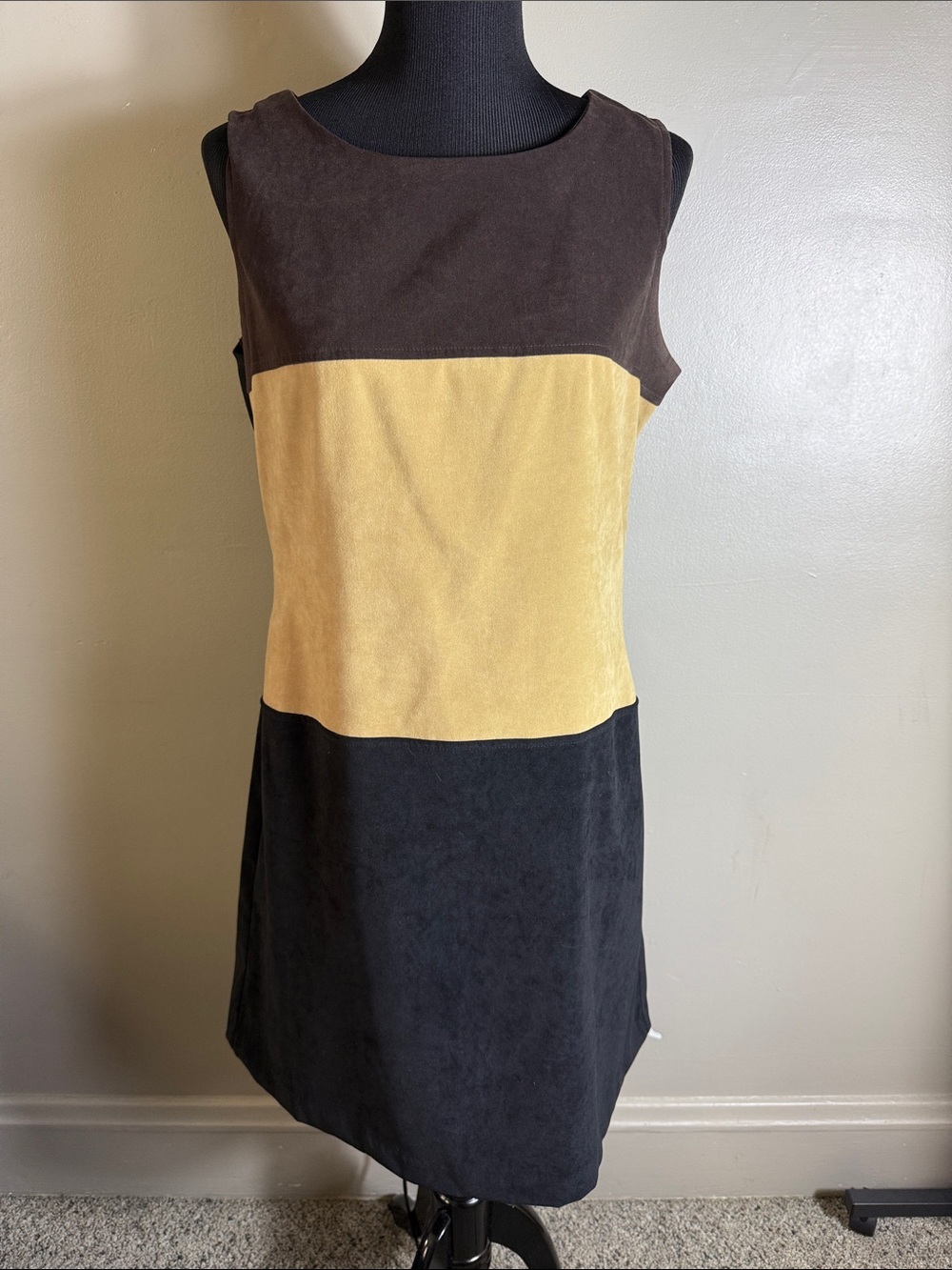 Vintage 80s Pellini Sophisticates Colorblock Faux Suede Sleeveless Shift Dress L